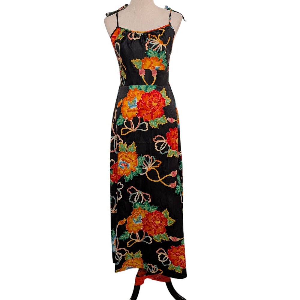 Pomare Hawaii Womens Sz 8 Vintage Black Large Floral Tie Straps Midi Maxi Dress